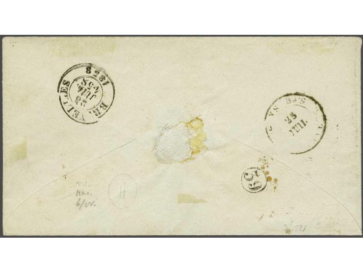 10 cent rood plaat V in paar op envelop van Den Bosch 24-7-1858 naar Brussel, pracht ex.