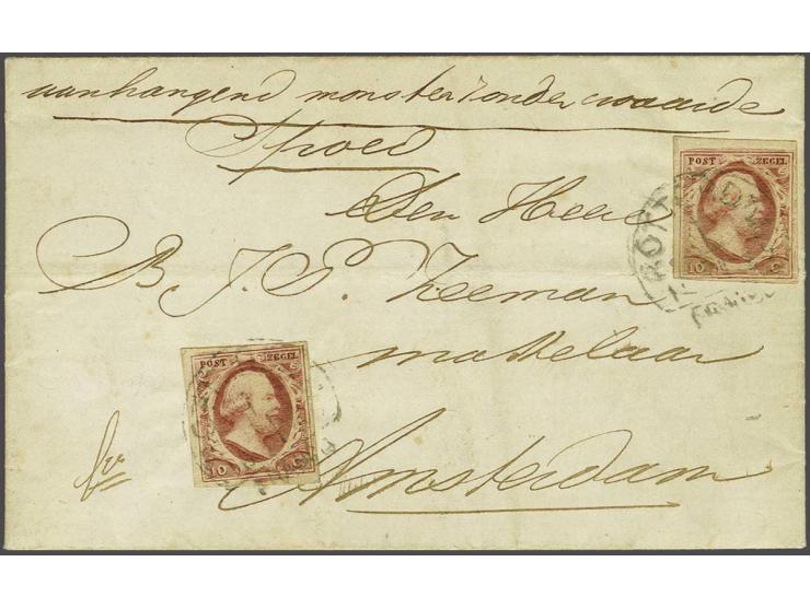 10 cent dofrood plaat V (2x) op vouwbrief van Rotterdam 1-11-1859 naar Amsterdam met geschreven Spoed en aanhangend monster z