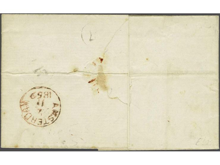 10 cent dofrood plaat V (2x) op vouwbrief van Rotterdam 1-11-1859 naar Amsterdam met geschreven Spoed en aanhangend monster z