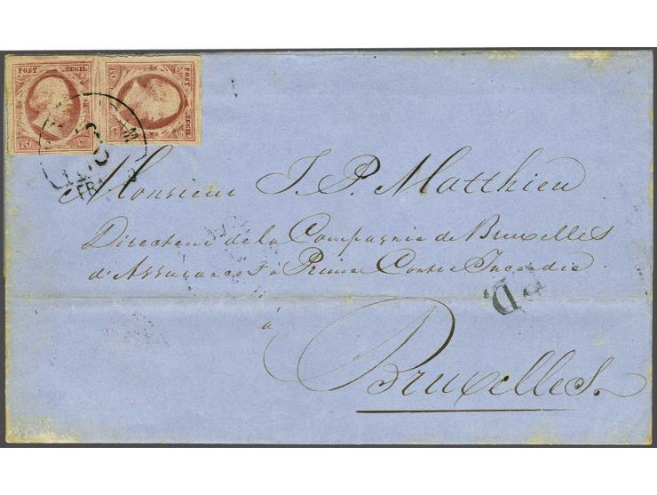 10 cent rood plaat V (2x) op vouwbrief van Amsterdam 18-10-1860 naar Brussel, pracht ex.