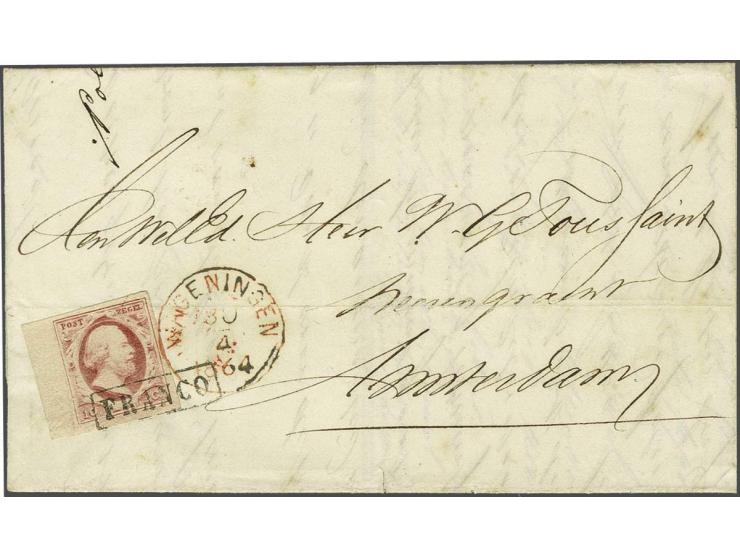 10 cent rood plaat X pos. 36 op dun papier met velrand op vouwbrief van Renkum 29-4-1864 over Wageningen naar Amsterdam, prac