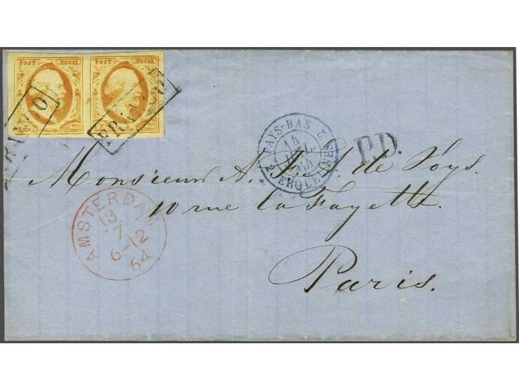 15 cent oranje in paar op briefomslag van Amsterdam 13-7-1864 over Erquelines naar Parijs, fris pracht ex.