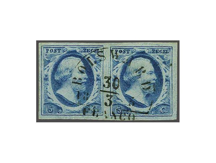 Bolsward B (Ey 100) centraal en volledig op 5 cent blauw plaat III pos. 71-72 in paar, pracht ex.