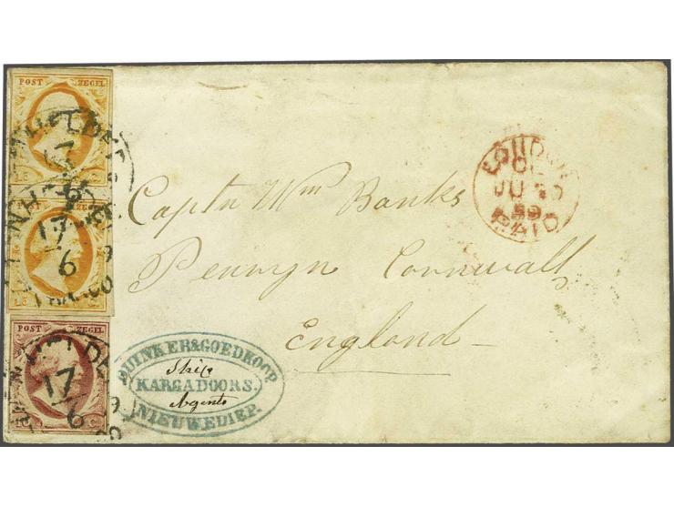 Den Helder C (Ey 50+R) op 10 cent rood en 15 cent donkeroranje in verticaal paar op envelop van Nieuwediep 17-6-1859 naar Pen