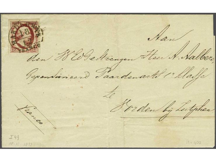 Harderwyk A (Ey 400) op 10 cent karmijn plaat I pos. 49 op vouwbrief 18-12-1852 naar Vorden, pracht ex.