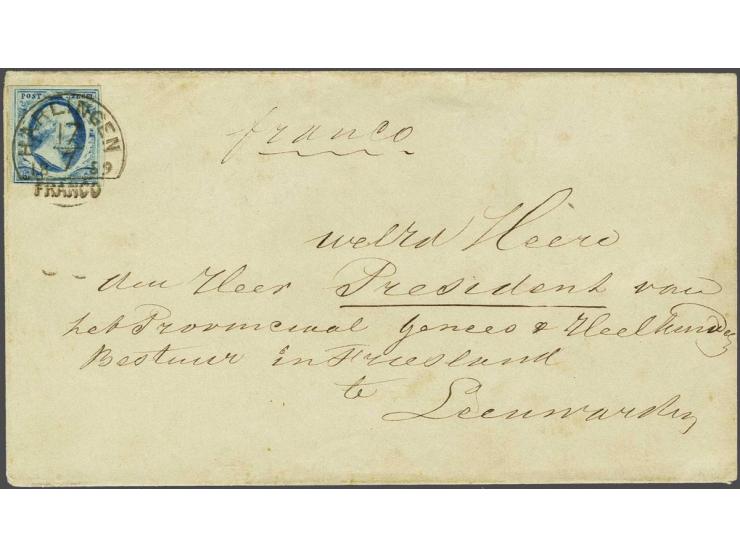 Harlingen C (Ey 250) op 5 cent blauw plaat III pos. 40 op briefomslag 17-7-1859 naar Leeuwarden, pracht ex.