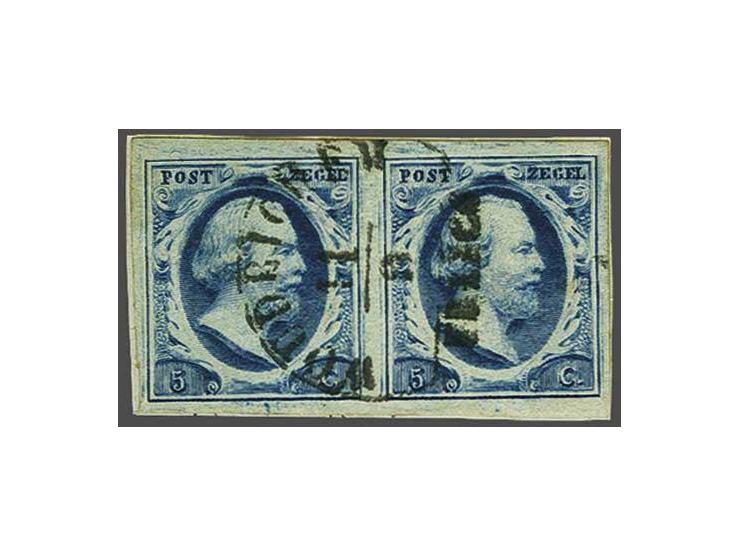 Woudrichem A (Ey 900) duidelijk en volledig op 5 cent donkerblauw plaat III in paar op fragment, pracht ex. Zeldzaam stempel,