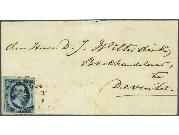 Gebroken cirkelstempel Goor (Ey 250) op 5 cent donkerblauw plaat III op kleinformaat envelop 24-3-1855 naar Deventer, pracht 