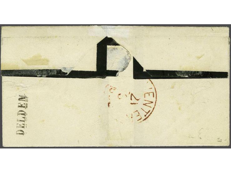 Gebroken cirkelstempel Goor (Ey 250) op 5 cent donkerblauw plaat III op kleinformaat envelop 24-3-1855 naar Deventer, pracht 