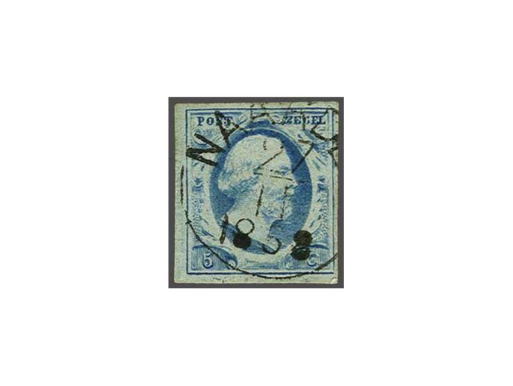 Halve cirkelstempel met groteske letters Naarden (Ey 750) op 5 cent blauw plaat III, pracht ex. Het Corinphila archief meldt 