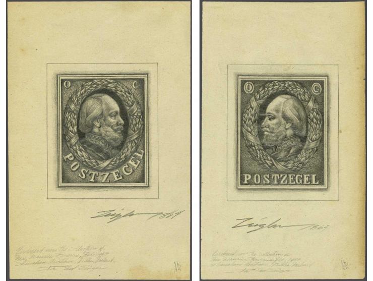 2 schetsen van een postzegel met afbeelding Koning Willem III door Zeigler (?), vermoedelijk te dateren rond 1864, pracht ex.