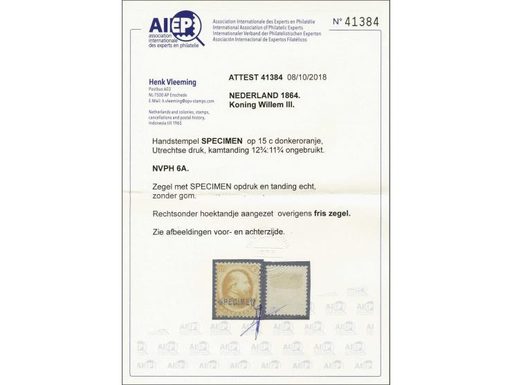 15 cent donkeroranje Utrechtse druk met Specimen opdruk, fraai ex. (hoektandje aangezet) zonder gom met certificaat Vleeming 