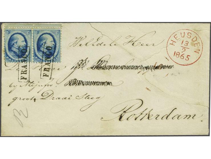 5 cent blauw in paar met velrand op envelop van Heusden 13-2-1865 naar Rotterdam, fraai ex. (adres doorgehaald en envelop gro