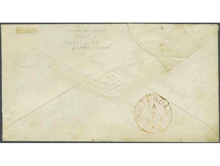 5 cent blauw in paar met velrand op envelop van Heusden 13-2-1865 naar Rotterdam, fraai ex. (adres doorgehaald en envelop gro