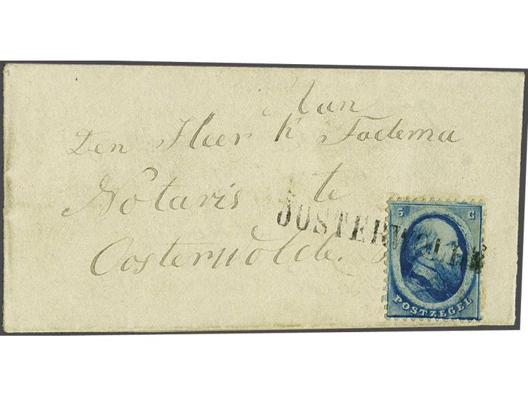 5 cent blauw met langstempel Oosterwolde op lokale kleinformaat vouwbrief 27-3-1865, pracht ex.