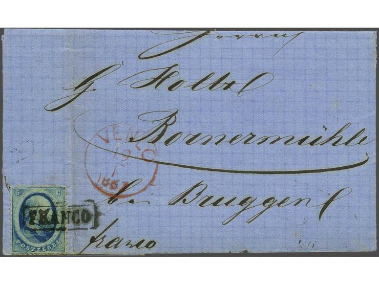 5 cent blauw op vouwbrief van Venlo 19-1-1867 naar Bruggen (Pruissen) met op achterzijde treinstempel Venlo-Düsseldorf. Grens