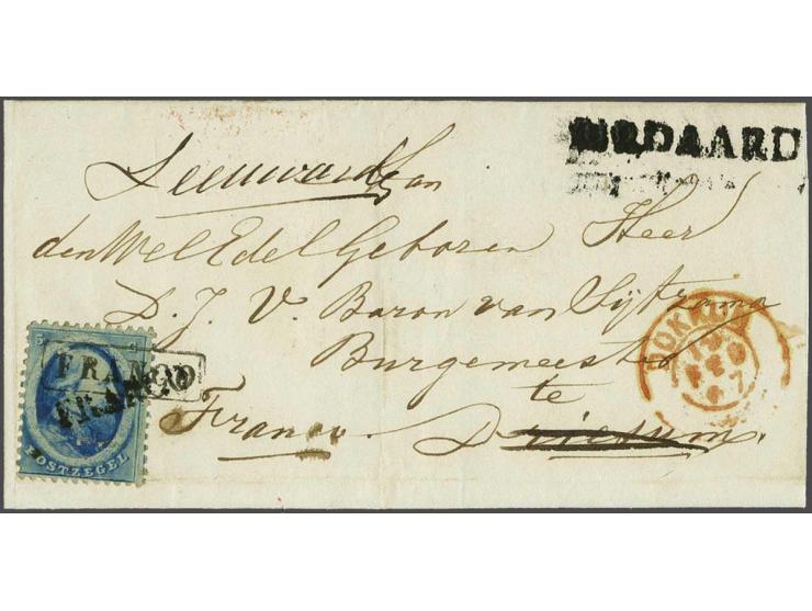 5 cent blauw op kleinformaat vouwbrief van Birdaard (langstempel voorzijde) 18-2-1867 naar Driesum bij Dokkum, alwaar onbeste