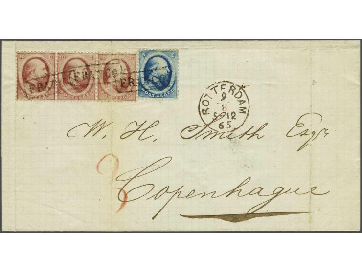 5 cent blauw en 10 cent rood in strip van 3 op briefomslag van Rotterdam 9-8-1865 via Emmerich naar Kopenhagen, fraai ex (sch