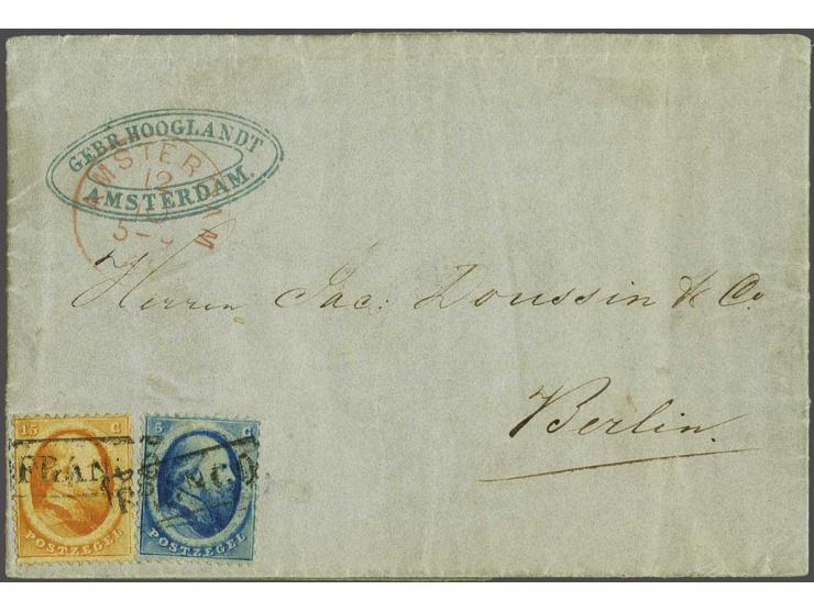 5 cent blauw en 15 cent oranje op vouwbrief van Amsterdam 12-10-1865 over Emmerich naar Berlijn, pracht ex.