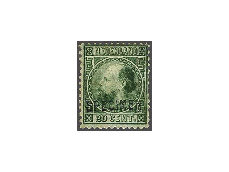 20 cent groen type I tanding 12¾ x 11¾ met Specimen opdruk, nagegomd vrijwel pracht ex. met certificaten NVPH 1963 en Vleemin