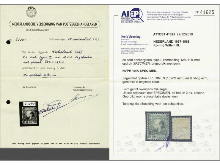 20 cent groen type I tanding 12¾ x 11¾ met Specimen opdruk, nagegomd vrijwel pracht ex. met certificaten NVPH 1963 en Vleemin