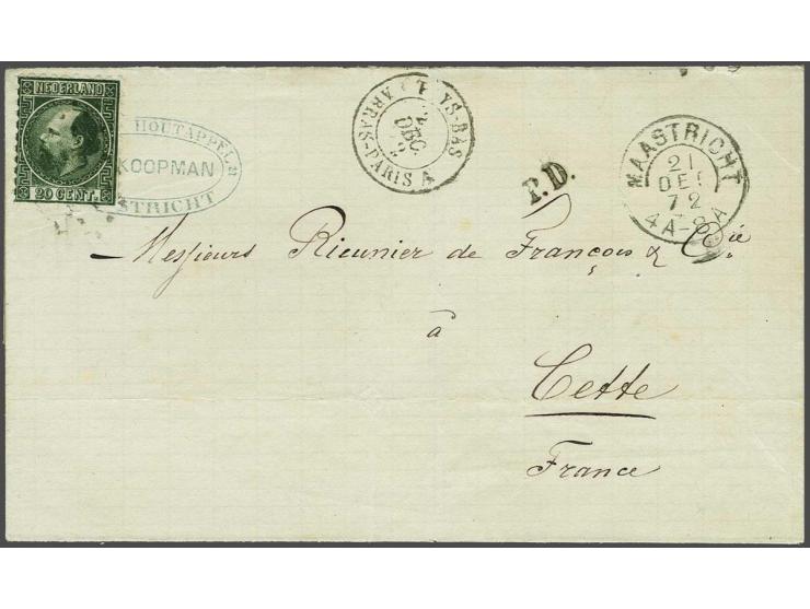 20 cent donkergroen type II tanding 10½ x 10¼ op briefomslag van Maastricht 21-12-1872 over Arras en Parijs naar Cette (F), p