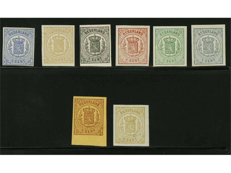 Kleurproeven van de plaat door J.W. van Kempen ½ cent in ultramarijn en vleeskleur, 1 cent in zwart, vermiljoen, geelgroen, b