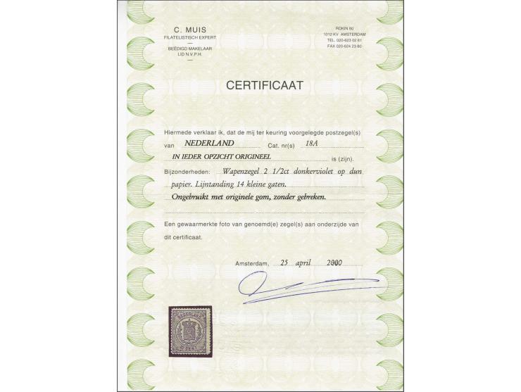 2½ cent violet tanding 14 kleine gaten, pracht ex. met certificaat Muis 2000, cat.w. 1000