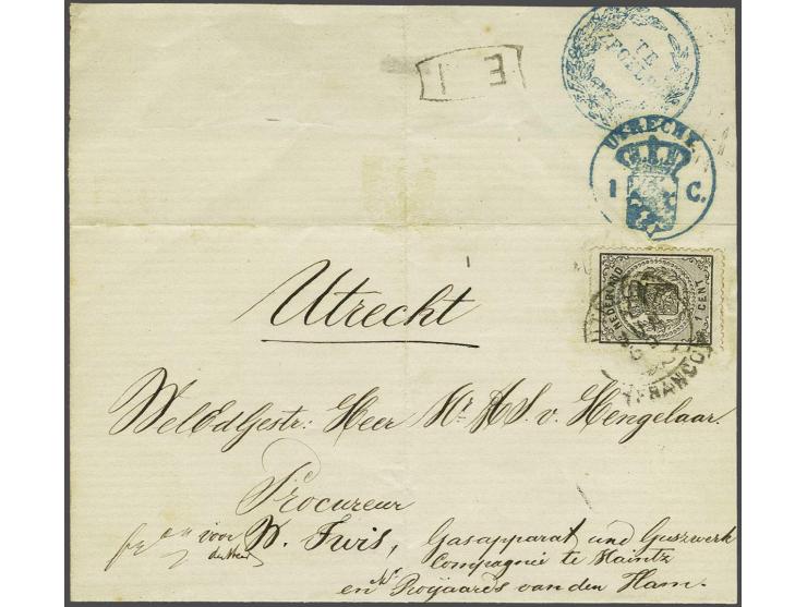 1 cent zwart op drukwerk lokaal te Utrecht 3-6-1869 met tevens fiscaalstempels Te zegelen en Utrecht 1 c., pracht ex.