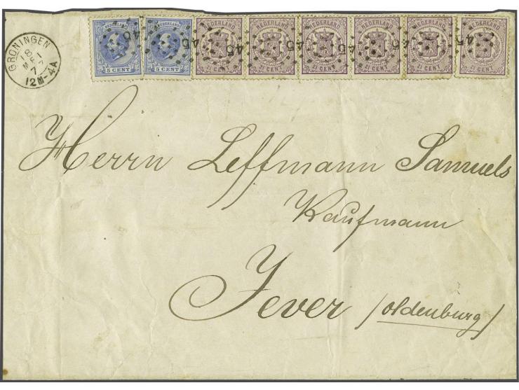 2½ cent violet (6x w.b. strip van 5) en emissie 1872 5 cent blauw (2x) op groot briefdeel van Groningen 18-5-1877 naar Jever 