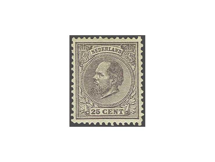 25 cent grijsviolet tanding 12½ x 12 grote gaten, pracht ex. (gom iets gelig) met certificaat Moeijes 1982, cat.w. 950