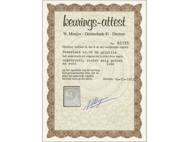 25 cent grijsviolet tanding 12½ x 12 grote gaten, pracht ex. (gom iets gelig) met certificaat Moeijes 1982, cat.w. 950