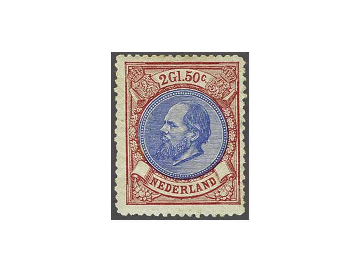 2½ gulden rood en blauw tanding 14 kleine gaten, pracht ex. (origineel bruinig vlekje in gom) met certificaat Vleeming 2014, 