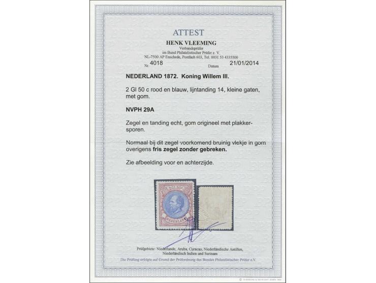 2½ gulden rood en blauw tanding 14 kleine gaten, pracht ex. (origineel bruinig vlekje in gom) met certificaat Vleeming 2014, 