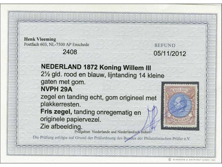 2½ gulden rood en blauw, pracht ex. (tanding onregelmatig en zwart puntje in gom) met attest Vleeming 2012, cat.w. 1400