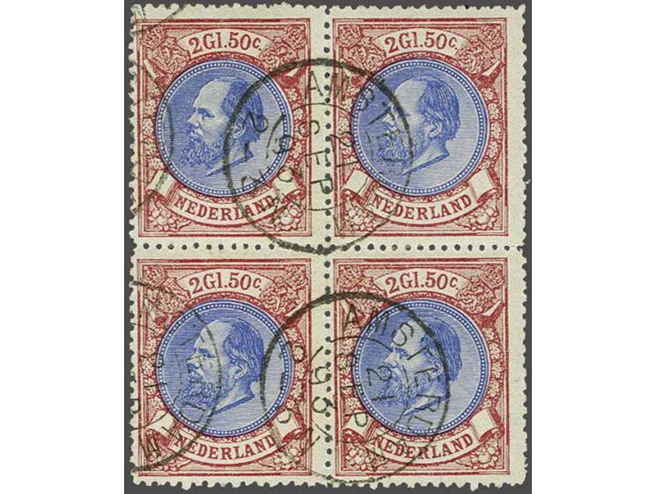 2½ gulden rood en blauw in blok van 4, 3 zegels pracht ex.,1 zegel klein scheurtje, cat.w. 900