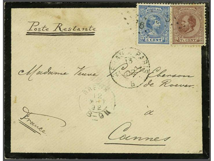 7½ cent chocoladebruin tanding 12½ x 12 grote gaten en Hangend Haar 5 cent blauw op envelop van Breda 12-3-1892 via Arras en 