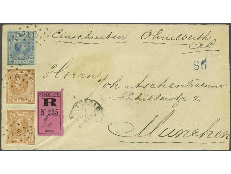 15 cent oranjebruin tanding 12½ grote gaten (2x) op envelop Hangend Haar 5 cent van Rotterdam 7-12-1891 naar München, pracht 