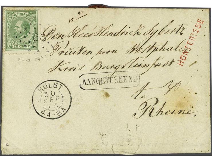 20 cent groen tanding 14 kleine gaten op aangetekende envelop van Hontenisse via Hulst 30-9-1873 naar Rheine (D), vrijwel pra