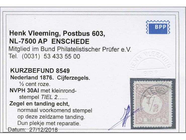 ½ cent roze type I tanding 14 grote gaten, fraai ex. (kleine reparatie) met attest Vleeming 2018, cat.w. 750