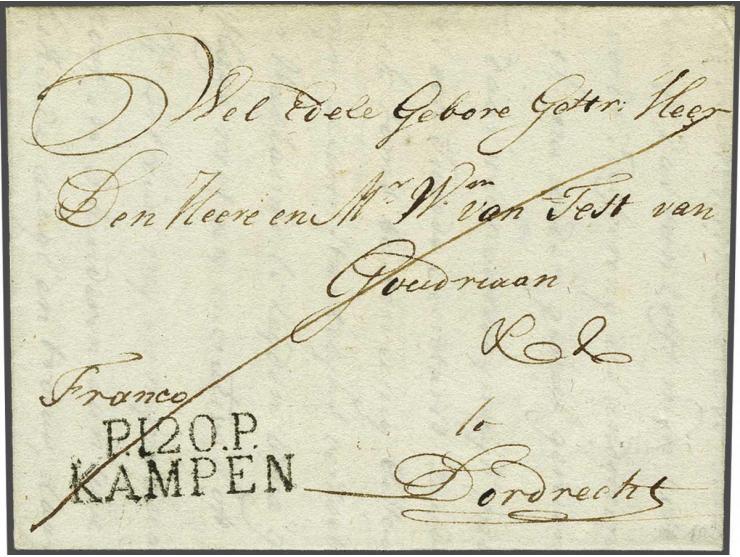 P.120.P. KAMPEN in zwart, pracht afdruk op frisse brief 18 december 1813 naar Dordrecht, 7 déc vooruitbetaald port