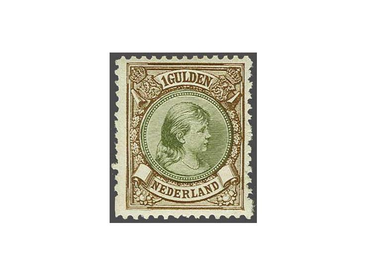 1 gulden bruin en olijfgroen tanding 11½ x 11 met variëteit ontbrekende onderste verticale perforatiepen met certificaat Vlee