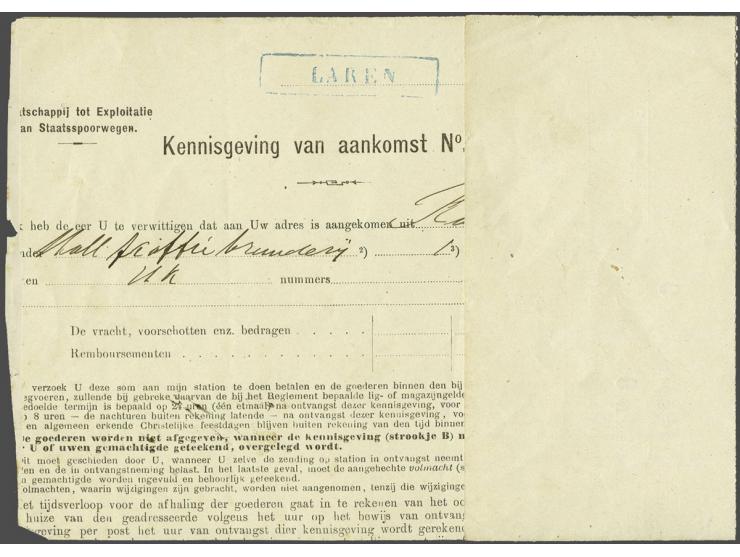 3 cent oranje met langstempel Almen in violet op Kennisgeving van aankomst van een baal koffie 17-10-1893, zegel pracht ex., 