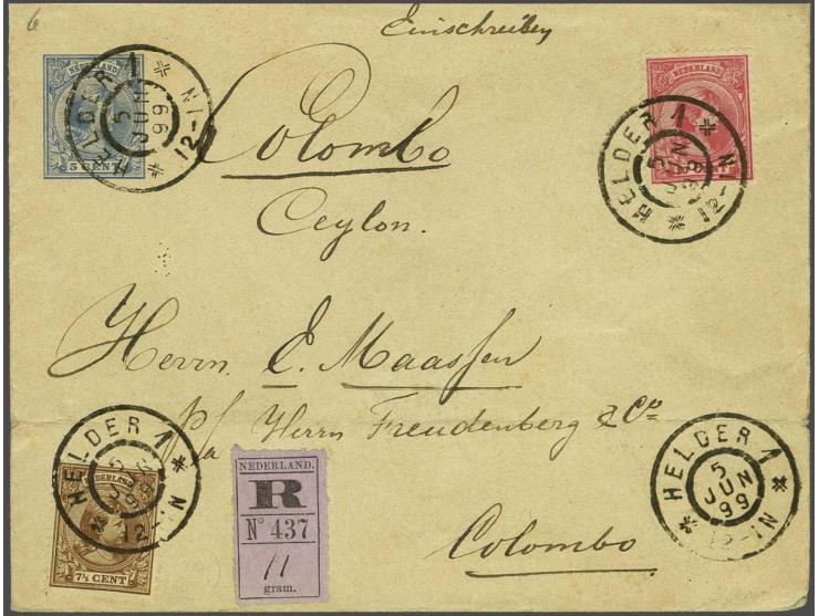 7½ cent bruin en 10 cent rood op aangetekende envelop G. 6 van Den Helder 5-6-1899 naar Colombo (Ceylon), pracht ex. met cert