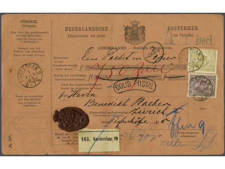 25 cent lila en 50 cent geelbruin op pakketkaart verstuurd vanuit Amsterdam 1-8-1895 kantoor Potgieterstraat (kleinrond Amste