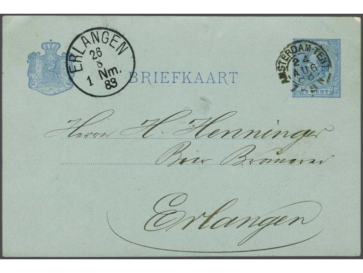 Amsterdam-Tent: op briefkaart Willem III 5 cent 24-8-1883 naar Erlangen (D), vrijwel pracht ex. (2 hoekvouwtjes), cat.w. 455