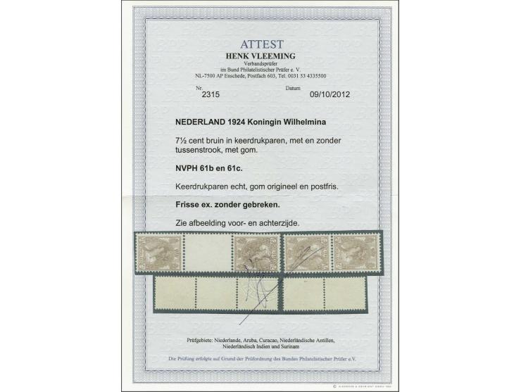 7½ cent bruin in keerdrukparen met en zonder tussenstrook met certificaat Vleeming 2012, cat.w. 1000