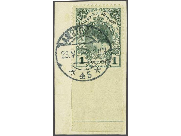 1 gulden blauwgroen tanding 11 x 11½ met variëteit onderzijde ongeperforeerd op fragment, pracht ex. met certificaat Dr. Loui