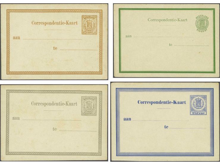 proeven briefkaarten Correspondentie-Kaart in blauw met 5 randlijnen (van de Loo proef 2 type II), idem groen met 2 randlijne