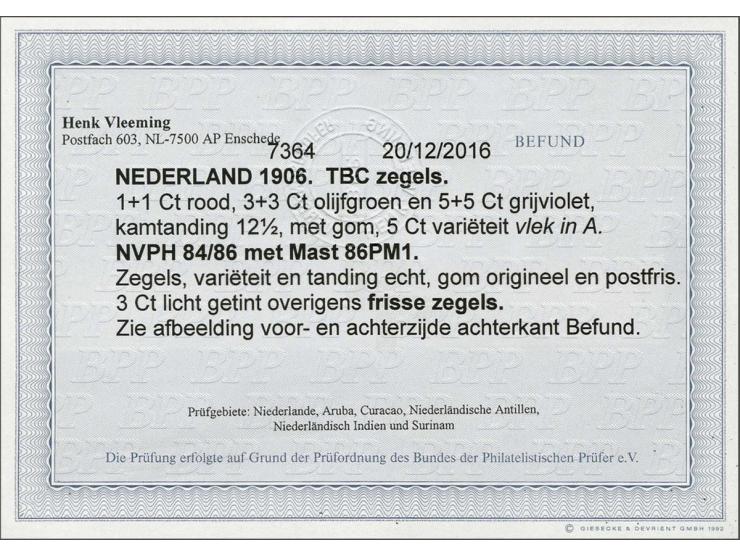 Tuberculose 1 t/m 5 cent w.b. nr. 86 met plaatfout vlek in A (PM86-1) met Attest Vleeming 2016, 3 cent miniem getint, en 5 ce